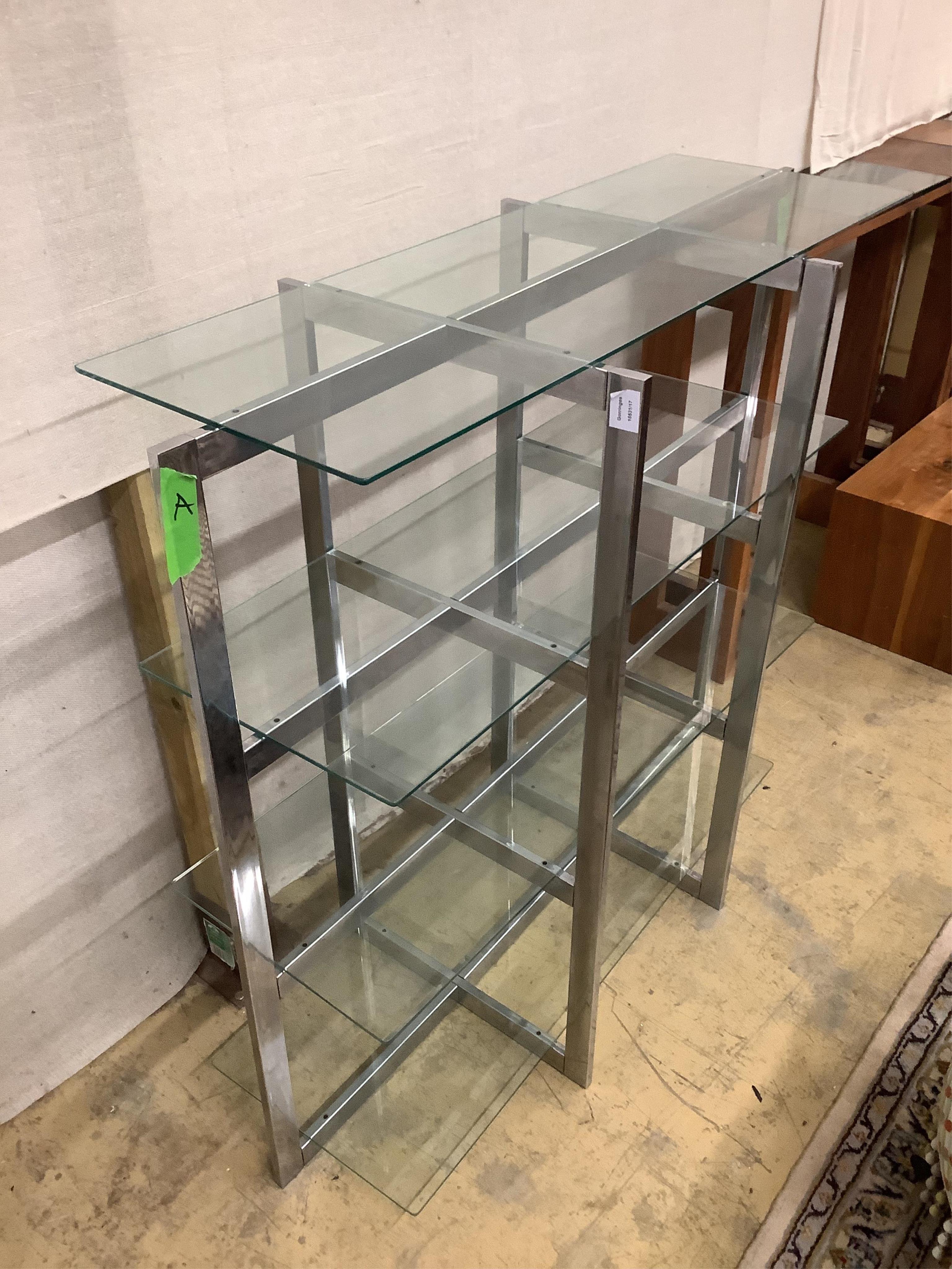 A 1920’s chrome and glass shelving unit, width 117cm, depth 48cm, height 107cm. Condition - good